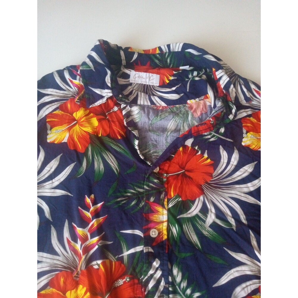 Hawaiian Island Tropical Shirt Blue w/Floral Pattern Men's Short Sleeve Size XL